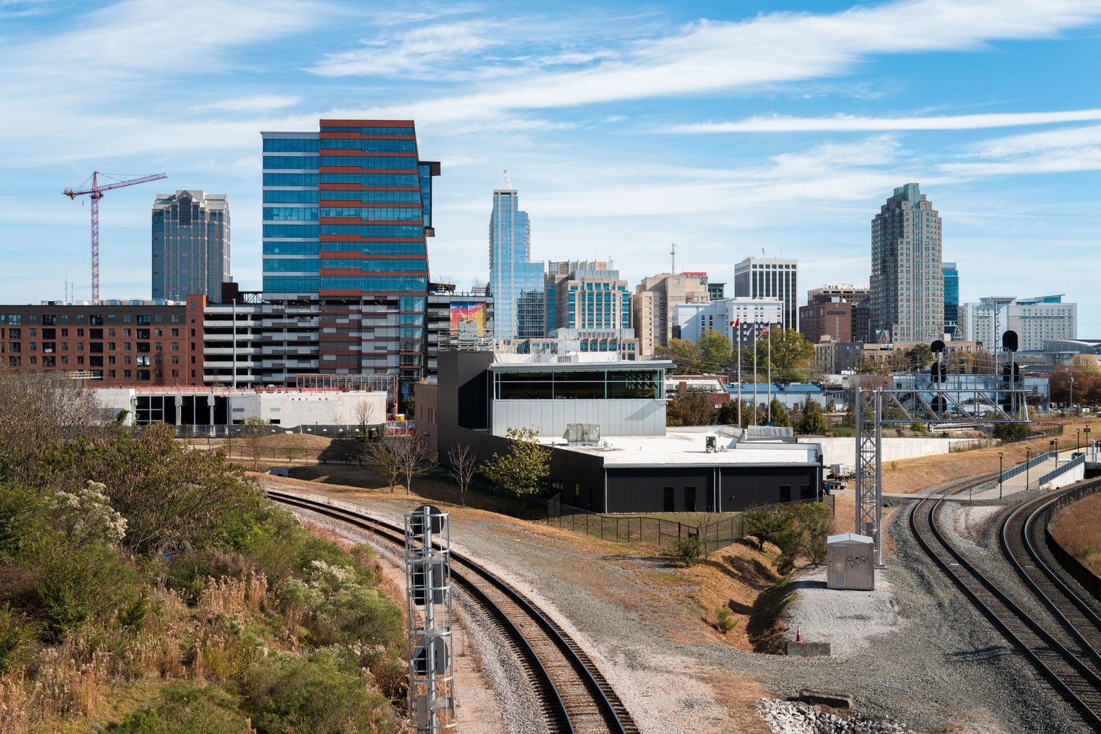 The Charlotte, North Carolina skyline seen across the rail corridor.