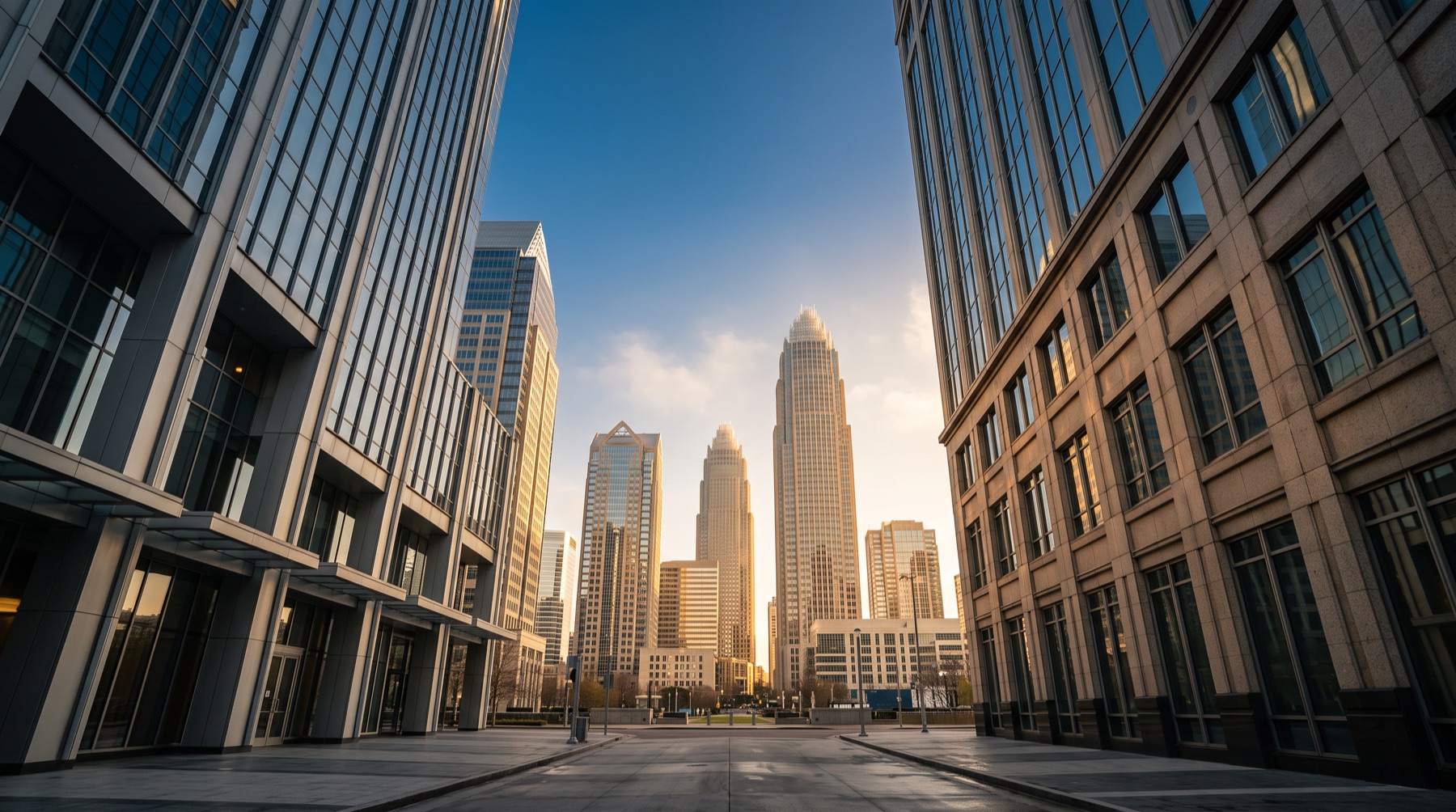 Uptown Charlotte, North Carolina, seen from street level between office towers.