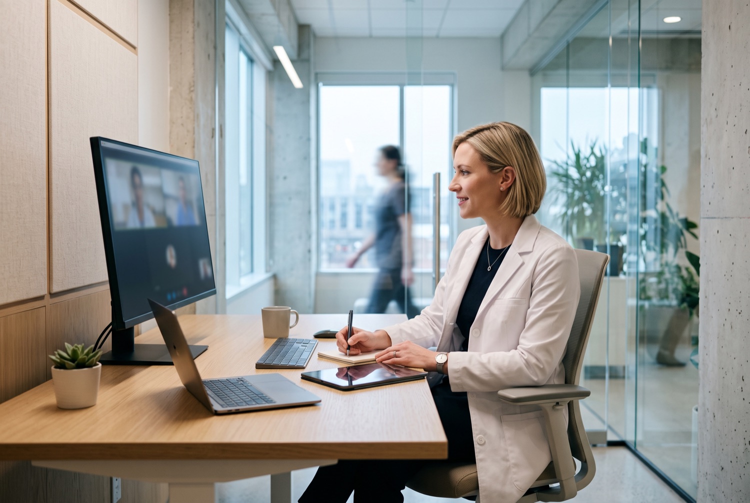 A physician at a workstation in a modern telehealth consultation room.